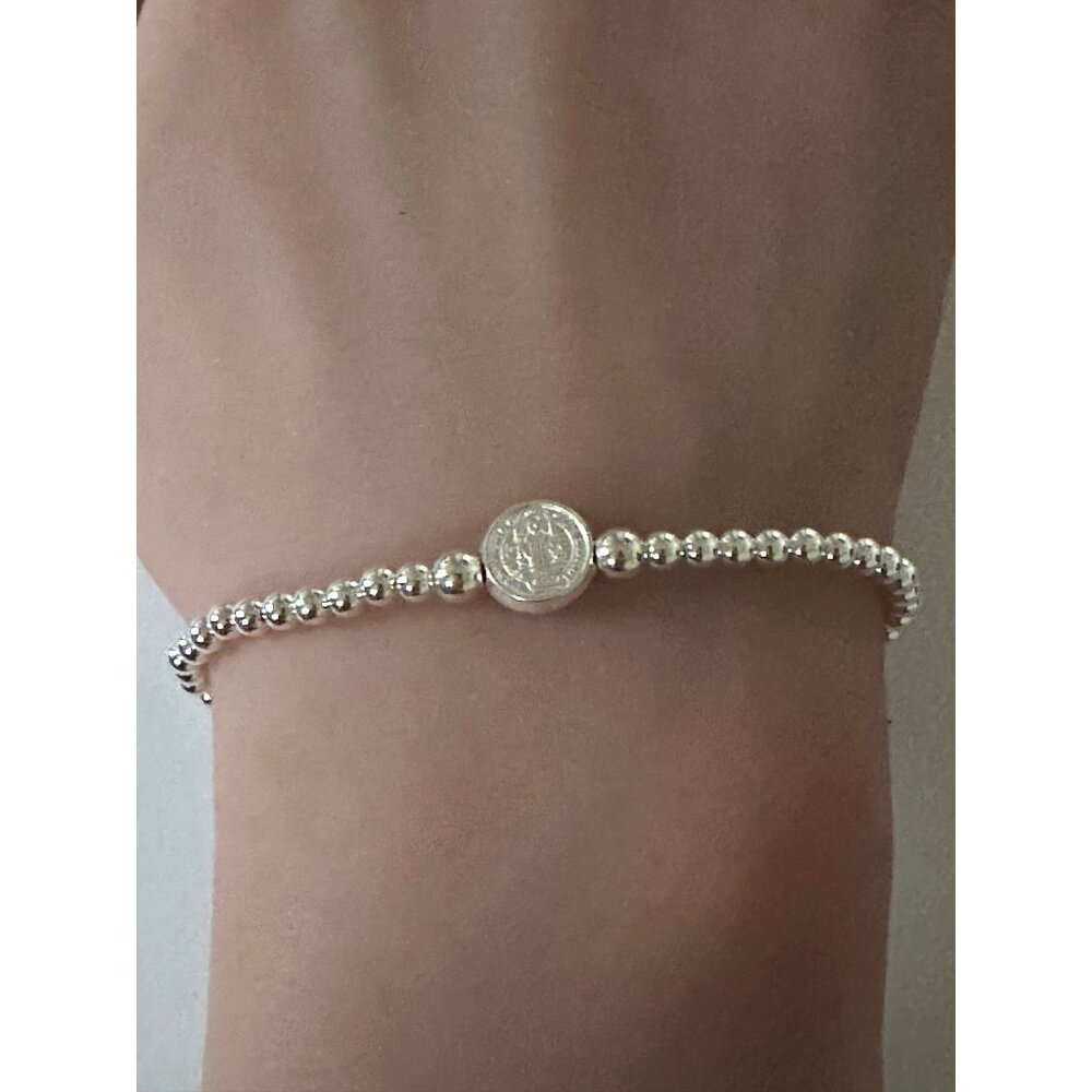 925 Sterling Silver Stretch Stacking Bracelet St. Benedict Religious Charm - Picture 2 of 4